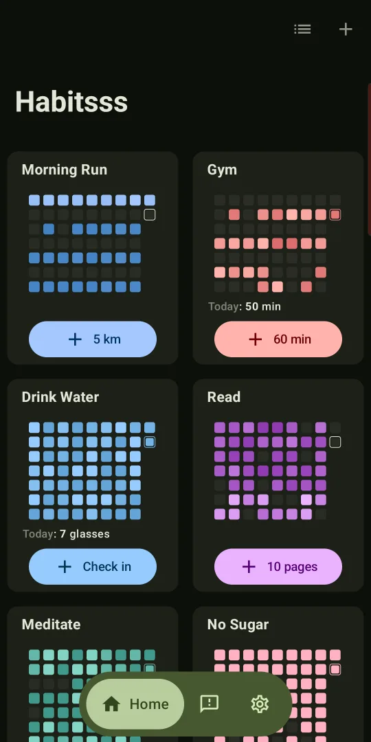 Habitsss home screen with colorful habit boards