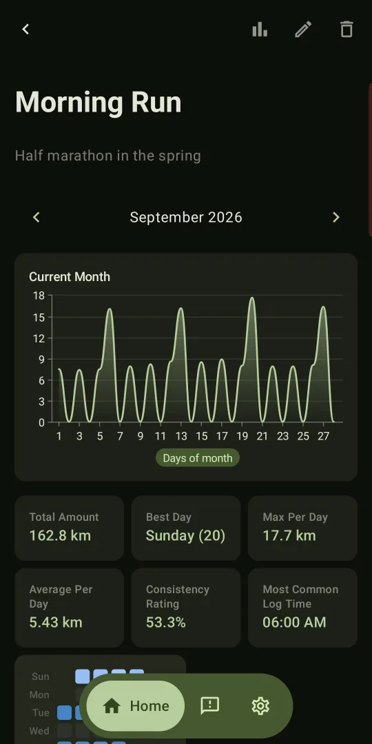 Morning Run stats: monthly chart, total amount, best day, consistency