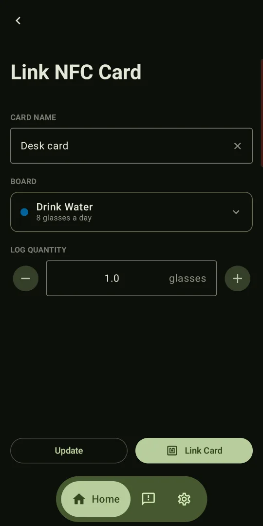 Linking an NFC card to the Drink Water board