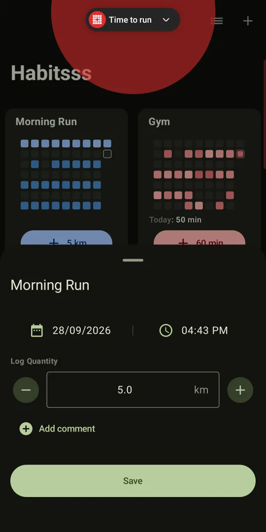 Logging 5 km for Morning Run with date and time